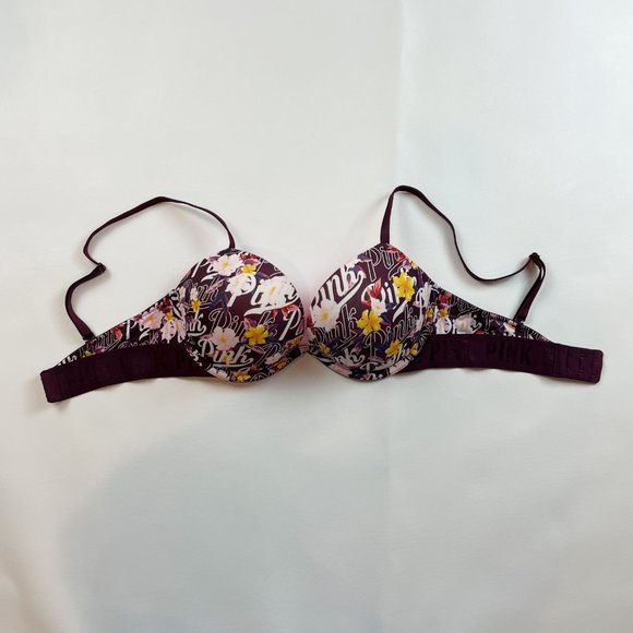 NWOT Victoria's Secret PINK Bra 32D Wear Everywhere Super Push Up Floral Logo - Picture 2 of 8